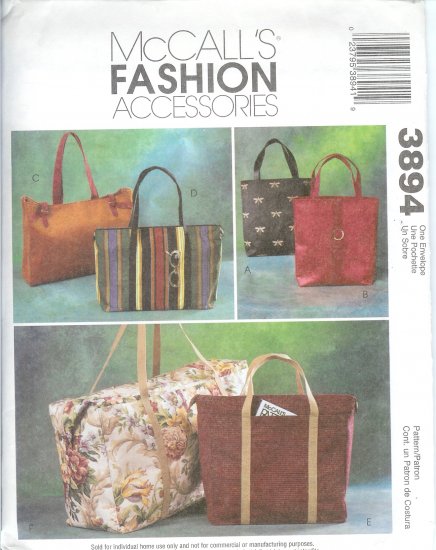 M3894 McCalls Pattern FASHION ACCESSORIES 6 Style Lined Handbags