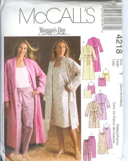 M4218 McCalls Pattern WOMANS DAY Robe in 2 Lengths, Nightgown Tops & Pants Misses XS- M