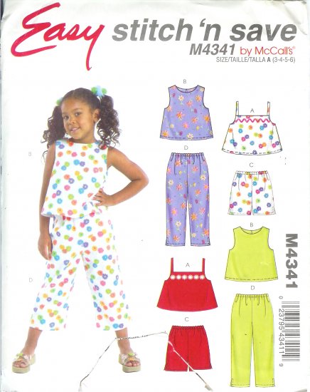 M4341 McCalls Pattern EASY STITCH N SAVE Tops, Shorts & Pants Child/Girls Size A 3-4-5-6