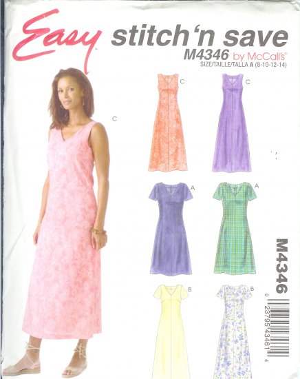 M4346 McCalls EASY STITCH N SAVE Dress in 2 Lengths Misses/Miss Petite Size A 8-10-12-14
