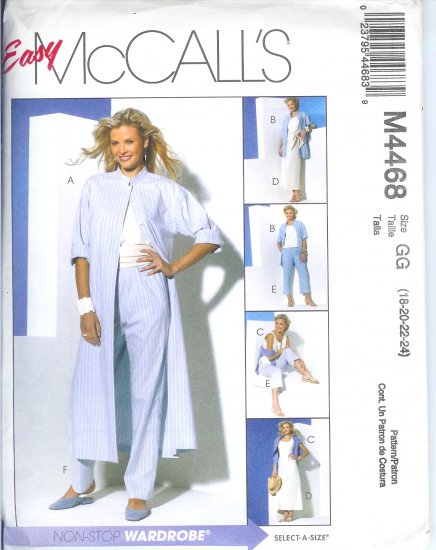 M4468 McCalls Pattern Duster or Shirt Top, Bias Skirt , Pants in 2 Lengths 18-20-22-24