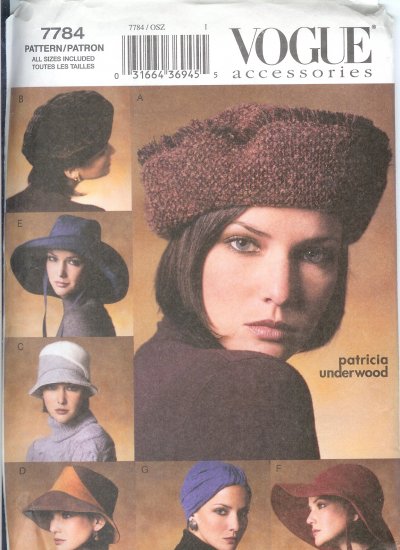 V7784 Vogue Pattern Accessories Misses Hats