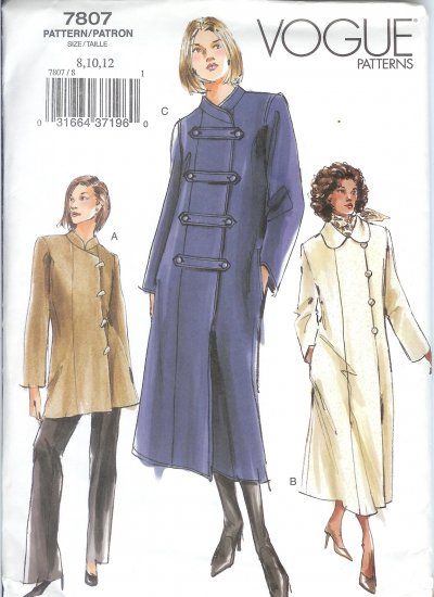 V7807 Vogue Pattern Coat Misses/Miss Petite Size 8, 10, 12