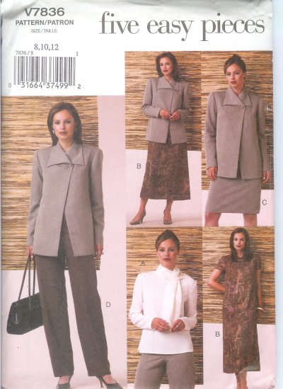 V7836 Vogue FIVE EASY PIECES Jacket, Top, Dress, Skirt, Pants, Scarf Misses/Miss Petite Size 14-18