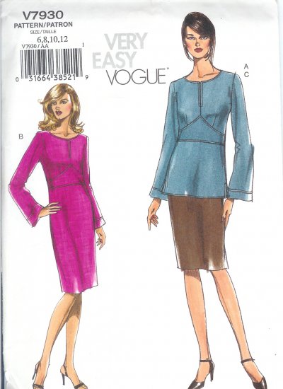 V7930 Vogue Pattern VERY EASY Top, Dress, Skirt Misses Size 6, 8, 10, 12