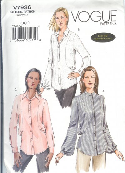 V7936 Vogue Pattern Shirts Misses Size 6, 8, 10