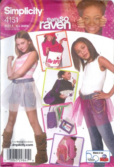 S4151 Simplicity Pattern THATS SO RAVEN Skirt, Hat in 3 Sizes, & Accessories Childs ALL SIZES