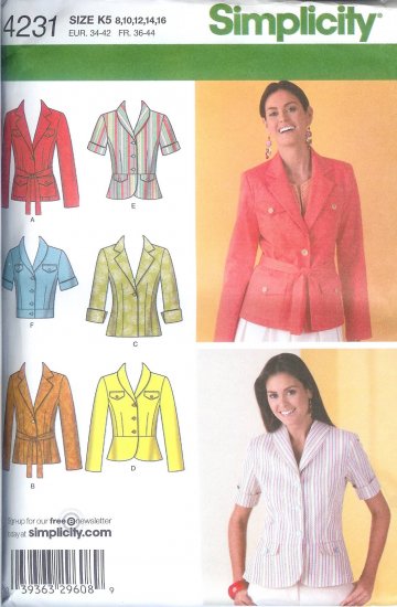 S4231 Simplicity Jacket w/ Length, Collar Variations and Tie Belt Misses/Miss Petite Size Y5 18-26