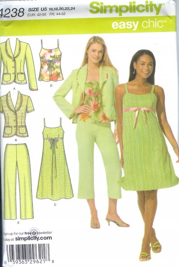 S4238 Simplicity EASY CHIC Dress, Top, Cropped Pants, Lined Jacket Misses/Miss Petite Size 8 - 16