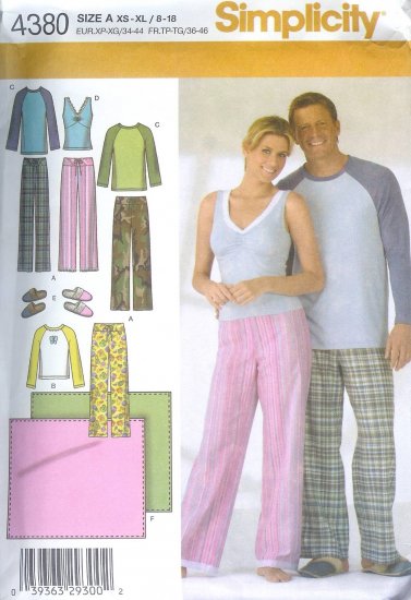 S4380 Simplicity Pants, Slippers in 3 Sizes, Knit Top, Blanket UNISEX Size A XS-XL/ 8-18