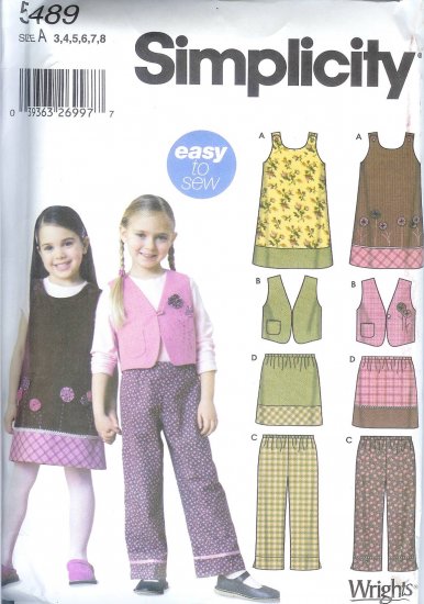 S5489 Simplicity Pattern EASY Jumper, Vest, Pants, Skirt Girls Size A 3,4,6,8
