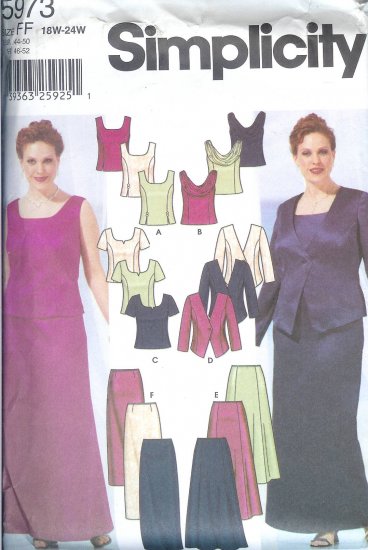 S5973 Simplicity Pattern Evening Jacket,Slim & Flared Skirts & Top Misses Size FF 18W-24W