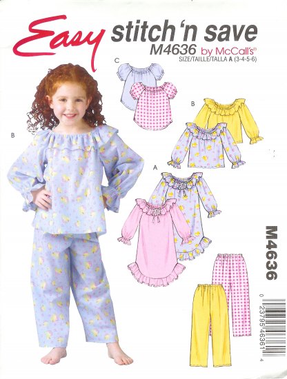 M4636 McCall Pattern Nightgown , Tops, and Pants Childs / Girls Size B 6-7-8