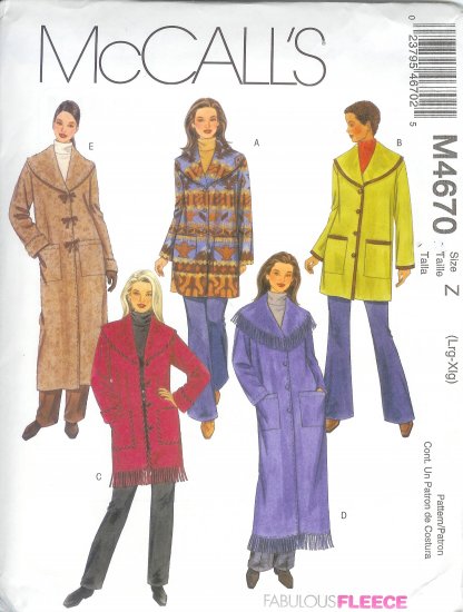 M4670 McCalls FABULOUS FLEECE Unlined Jackets, Coats Misses/Miss Petite Size XS, S, M
