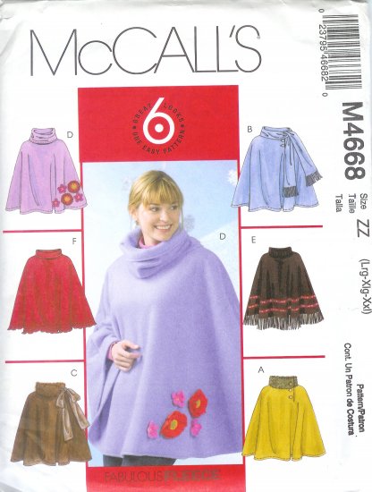 M4668 McCalls Pattern GREAT 6 LOOKS in 1 PATTERN Ponchos Misses Size Y S-M