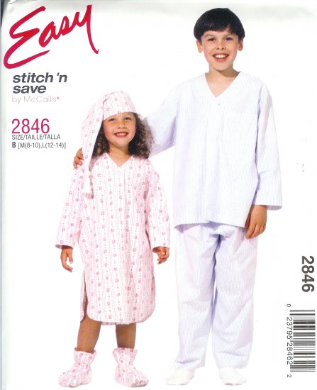M2846 McCall EASY Stitch N Save Nightshirt, PJ's, Hat, Bootees Boys/Girls/Child Size M 8-10, L 12-14