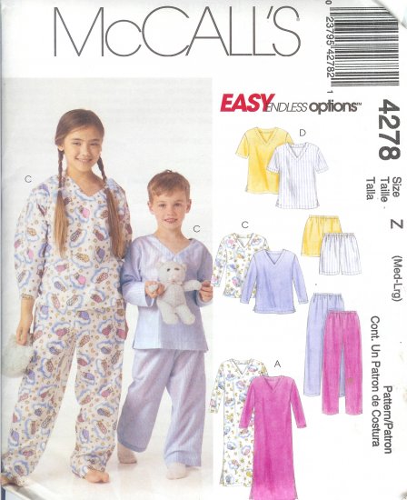 M4278 McCall EASY ENDLESS OPTIONS Nightshirt, or Top,Pants or Shorts Child Size Z Med-Large