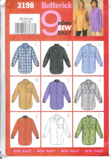 B3198 Butterick Pattern 9 SEW EASY Shirt Misses Size 20, 22, 24