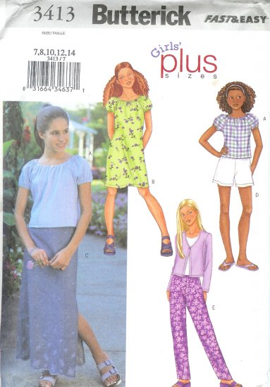 B3413 Butterick FAST EASY Jacket, top, Dress, Skirt, Shorts,Pants PLUS Girl Size 7-14