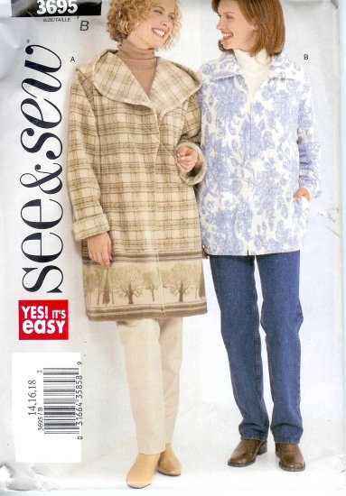 B3695 Butterick Pattern VERY EASY SEE & SEW Jacket Misses Size B 14, 16, 18
