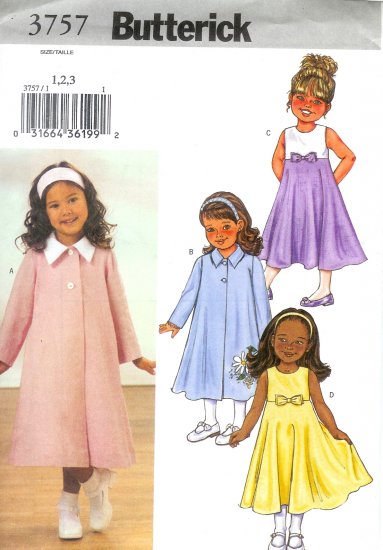 B3757 Butterick Pattern EASY Coat, Dress Toddler/Child Size 1, 2, 3