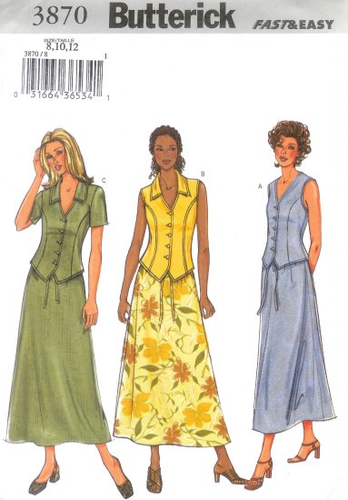 B3870 Butterick Pattern FAST & EASY Top, Skirt Misses/Miss Petite Size 8, 10, 12