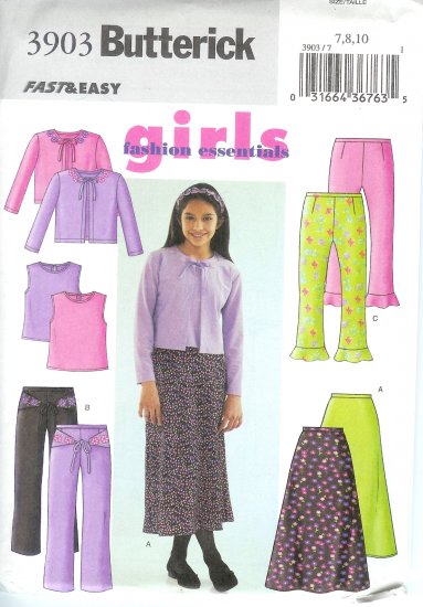 B3903 Butterick FAST & EASY FASHION Cardigan, Top, Skirt, Pants Girl Size 7, 8, 10