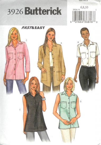 B3926 Butterick Pattern FAST & EASY Top Misses/Miss Petite Size 6, 8, 10