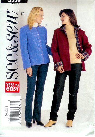 B3938 Butterick Pattern EASY SEE & SEW Jacket Misses Size 20, 22, 24