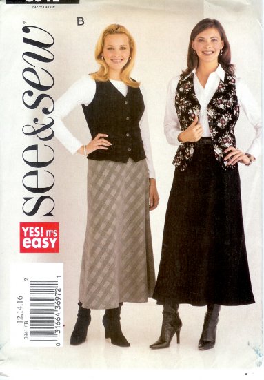 B3941 Butterick Pattern EASY SEE & SEW Vest, Skirt Misses Size 12, 14, 16