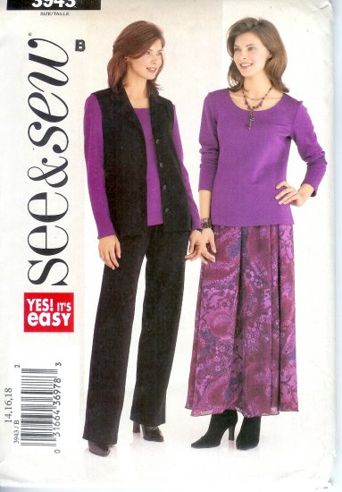 B3943 Butterick Pattern EASY SEE & SEW Vest, Top, Skirt, Pants Misses Size 8, 10, 12