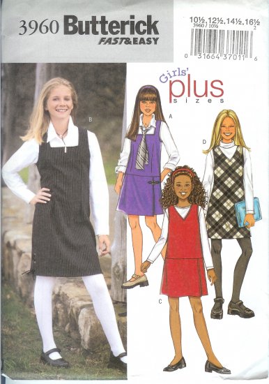 B3960 Butterick Pattern FAST & EASY Jumper PLUS Girls Size 7, 8, 10, 12, 14