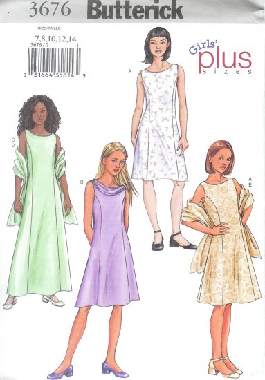 B3676 Butterick Pattern Dress, Scarf PLUS Girls Size 7, 8, 10, 12, 14