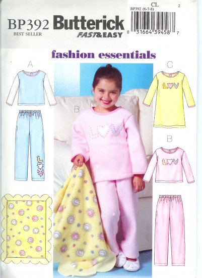 BP392 Butterick FAST&EASY Top, Gown, Pants, and Blanket Child/Girls Size CL 6-8