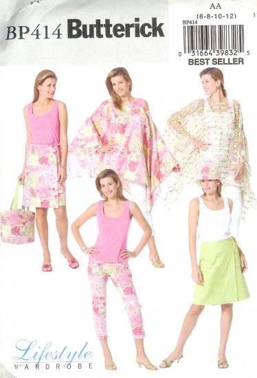 BP414 Butterick Pattern EASY Poncho, Top, Skirt, Pants, Hat & Bag Misses Size EE 14-20