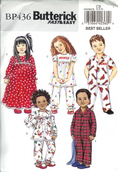 BP436 Butterick FAST&EASY Nightgown, Pajama Top & Pants Todd/Child Size CB 1-3
