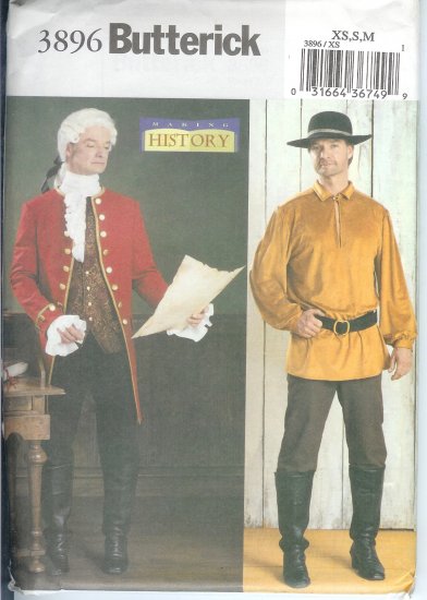 B3896 Butterick Pattern 18th CENTURY Costume Coat, Shirt, Stock Mens Size XS, S, M