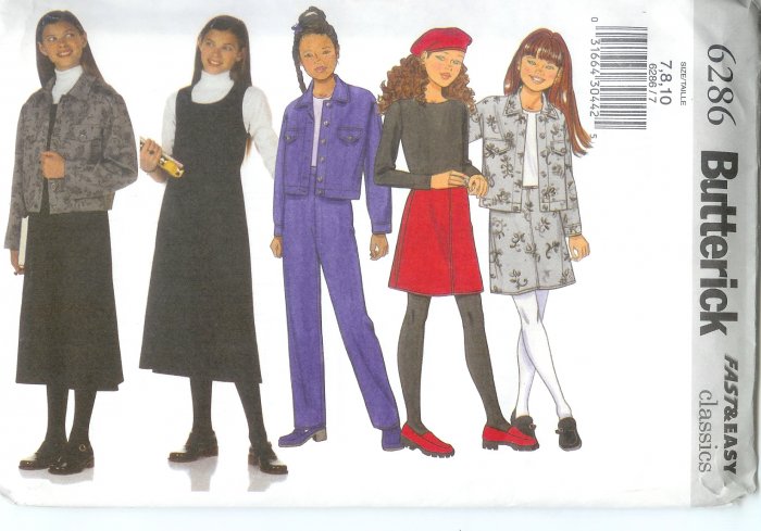 B6286 Butterick Pattern CLASSICS FAST&EASY Jacket, Jumper, Skirt, Pants Girls Size 7,8,10