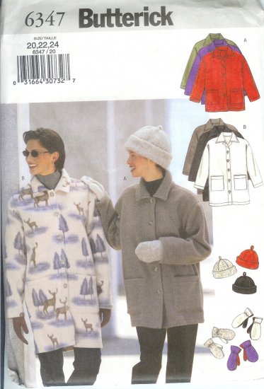 B6347 Butterick Pattern EASY Jacket, Hat, Mittens Misses/Miss Petite Size 20, 22, 24