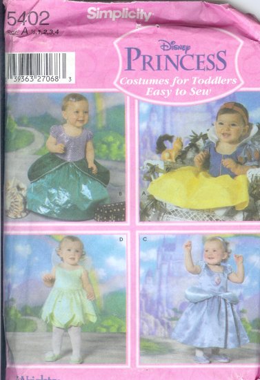 S5402 Simplicity Pattern EASY TO SEW DISNEY PRINCESS Toddler Size A 1/2-4
