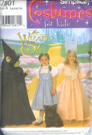 S7801 Simplicity Pattern WIZARD of OZ Costumes for Kids Child Size A 3,4,5,6,7,8