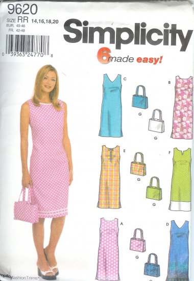 S9620 Simplicity Pattern 6 MADE EASY Dress and Purse Misses/Miss Petite Size RR 14, 16, 18, 20