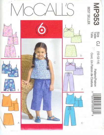 MP353 McCalls 6 EASY LOOKS Tops, Skorts, Shorts, Capri Pants Child/Girl CCE 3-4-5-6