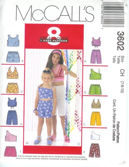 M3602 McCalls Pattern8 GREAT LOOKS Tops, Pull-On Shorts Child/Girl Size CH 7-8-10