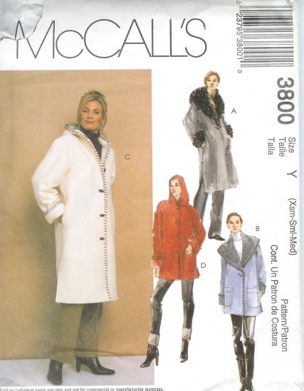 M3800 McCalls Pattern Lined Coats in 2 Lengths Misses Size Y XS - S - M