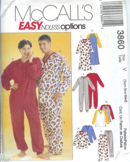 M3860 McCalls Pattern ENDLESS OPTIONS Tops,Nightshirts,Jumpsuit,Pants Miss/Mens/Teen Boys Size L-XL