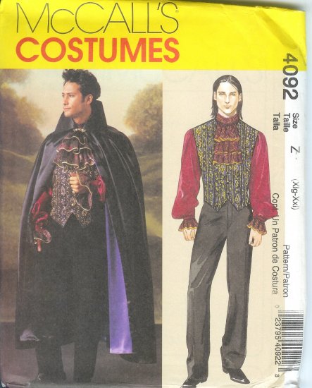 M4092 McCalls Pattern VAMPIRE Lined Cape, Vest, Shirt, Jabot Mens Size S- M-L
