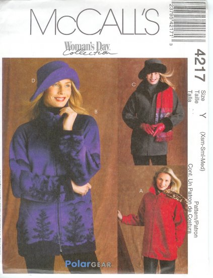 M4217 McCalls Pattern WOMANS DAY "POLAR GEAR" Unlined Jackets, Hat Misses/Miss Petite Size L-XL-XXL