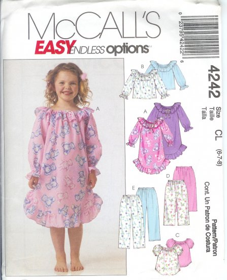 M4242 McCalls EASY ENDLESS OPTIONS Nightgown, Tops, Pants, Child/Girl Size CL 6-7-8