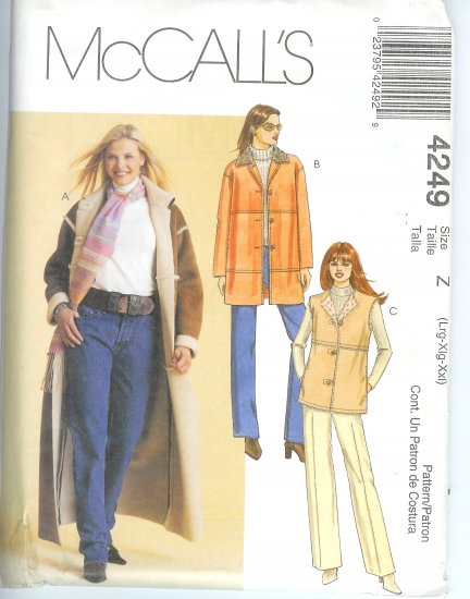 M4249 McCalls Pattern Coat, Jacket, Vest Misses Size Y XS-S-M